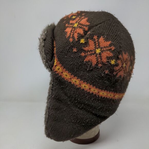 Unbranded Men's Knit Trapper Hat Fair Isle Brown One Size Ear Flaps Vegan Fur - Picture 4 of 8